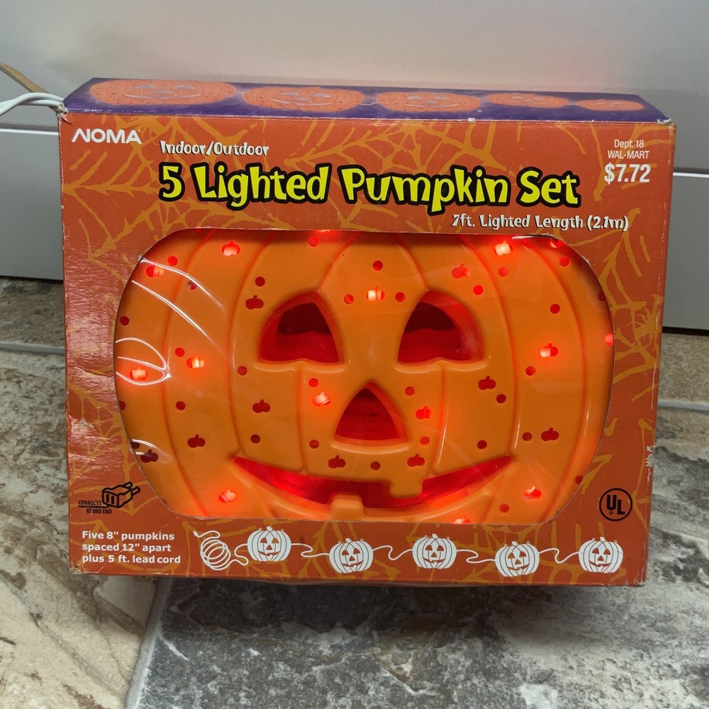 NOMA 5 Lighted Pumpkin Set Halloween Indoor Outdoor String Lights 100 Bulbs 7ft